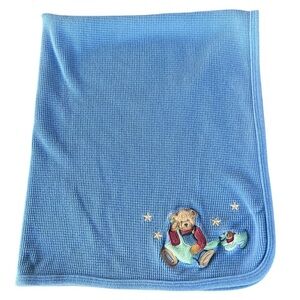 Vintage‎ Blue Jean Teddy Blue Thermal Waffle Knit Baby Blanket Teddy Puppy 26x32